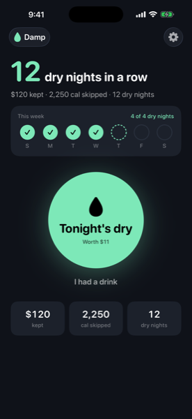Damp home screen showing 12 dry nights in a row, $120 kept, 4 of 4 dry nights this week and a large Tonight's dry button