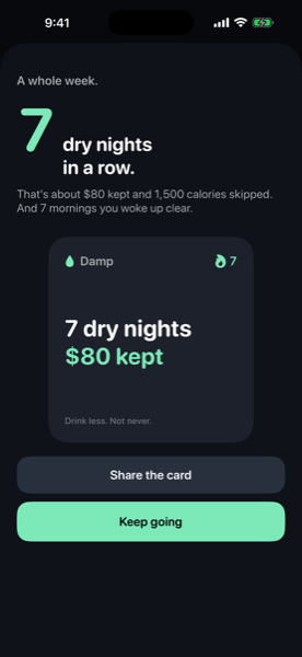 Damp milestone card for 7 dry nights in a row and $80 kept, with Share the card and Keep going buttons