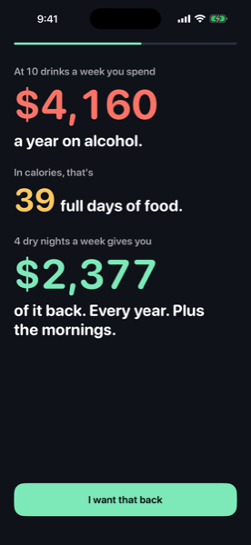 Damp setup screen: at 10 drinks a week you spend $4,160 a year on alcohol, and 4 dry nights a week gives you $2,377 of it back